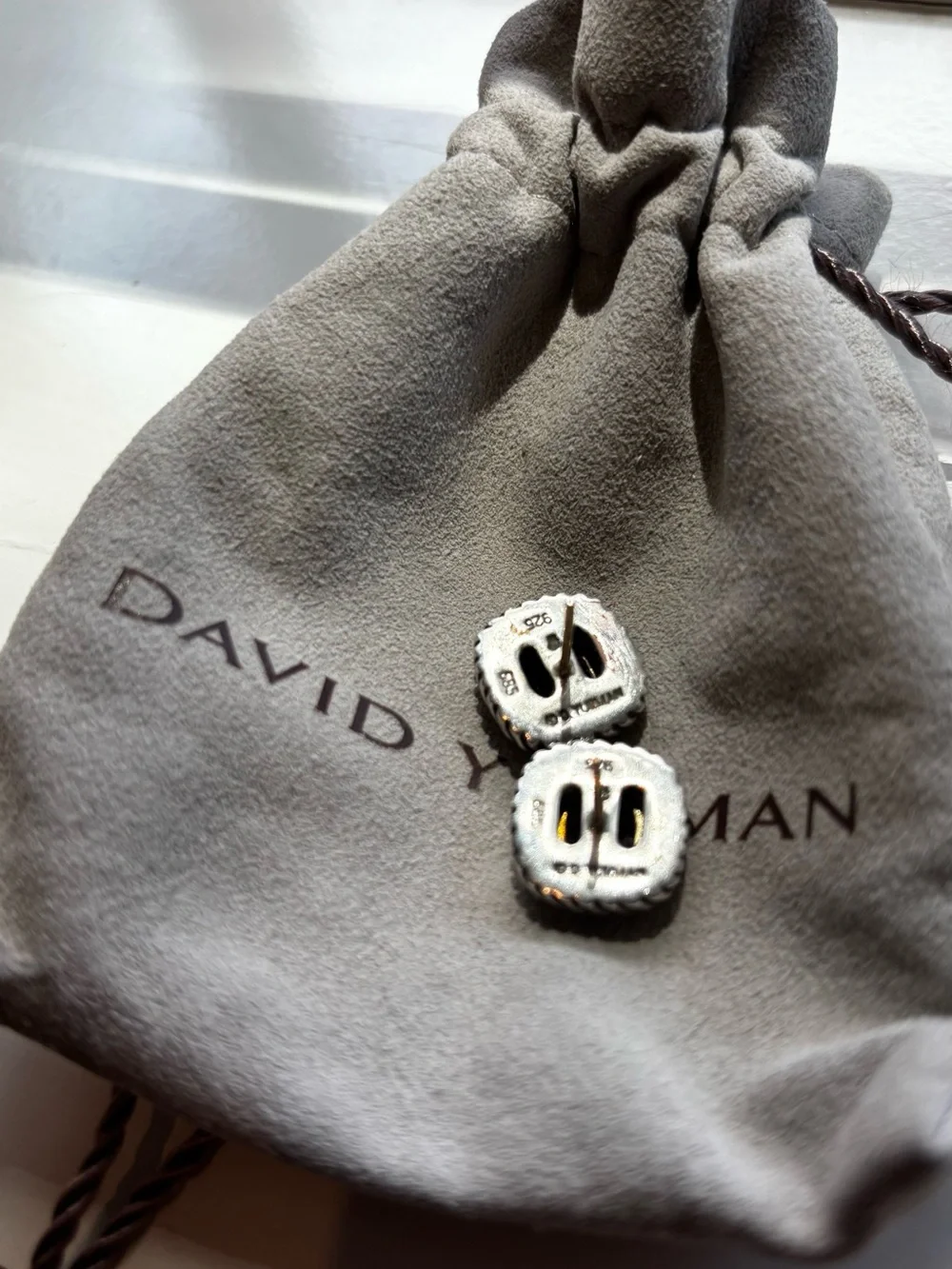 David Yurman Silver Cable Earrings with Deep Purple Amethyst Stones